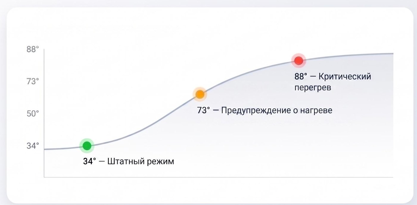 Кривая нагрева: штатный режим, предупреждение, критический перегрев